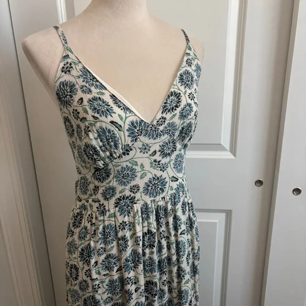 Japna Floral Midi Dress Large 100% Viscose Blue Cream Boho Block Print V-Neck L - Picture 4 of 11